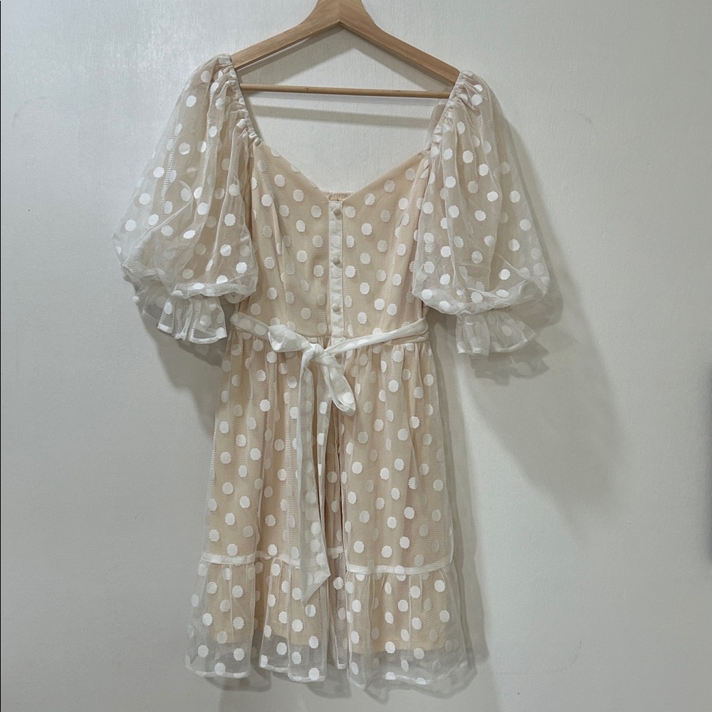 G.P.D WOMENS WHITE CREAM SHEER POLKA DOT PUFF SLEEVES MINI  DRESS Sz MD